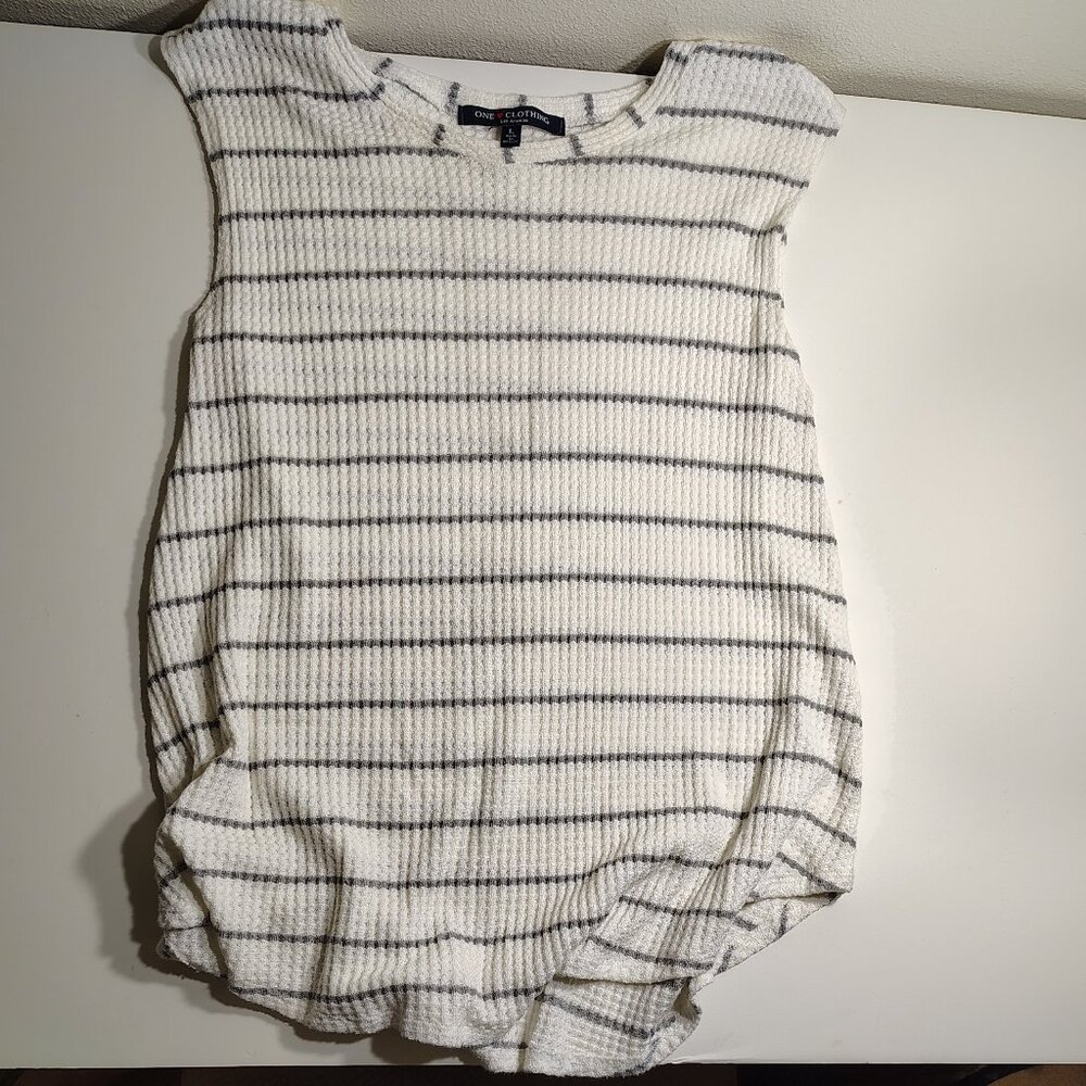 One Clothing Los Angeles Muscle Tank Top Cream Striped Waffle Knit Minimalist